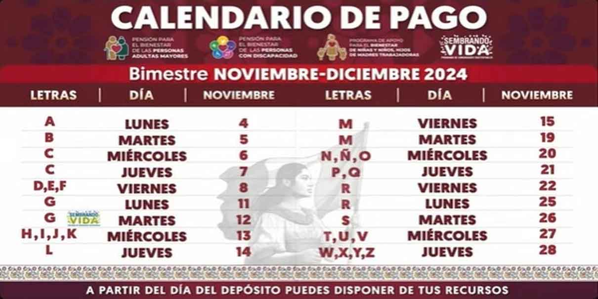 Calendario de pagos de Pensión del Bienestar noviembre-diciembre 2024