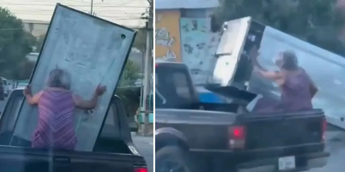 Refrigerador sale volando luego de que abuelita ya no pudiera agarrarlo